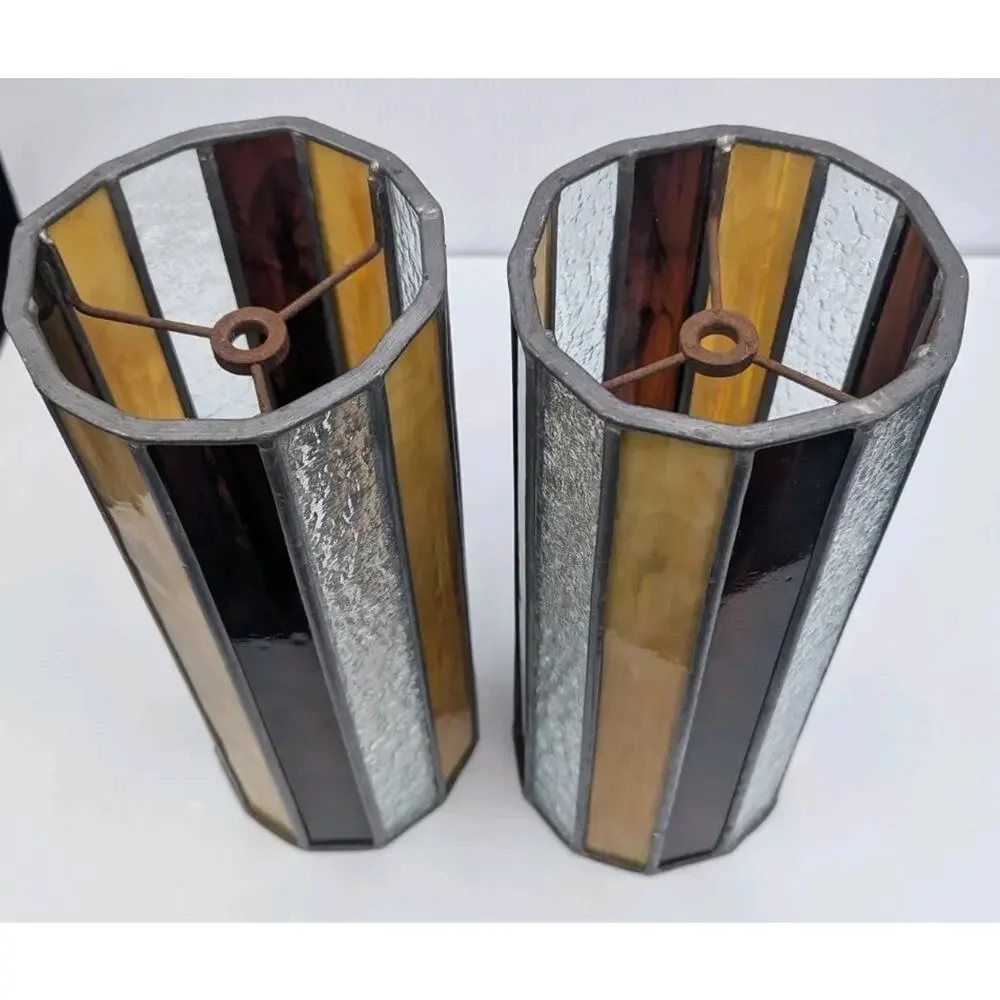 Vintage Stained Glass Tall Cylinder Swag Lamp Shades Lot of 2 Striped
